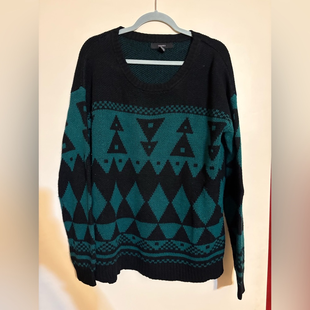 Forever 21 Black and Teal Geometric Oversized Sweater
